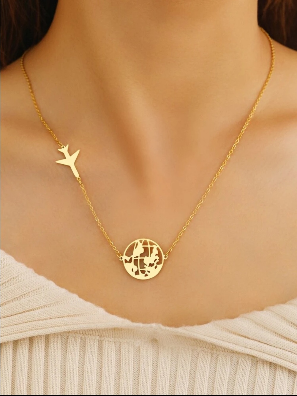 Gold World Map & Airplane Pendant Necklace